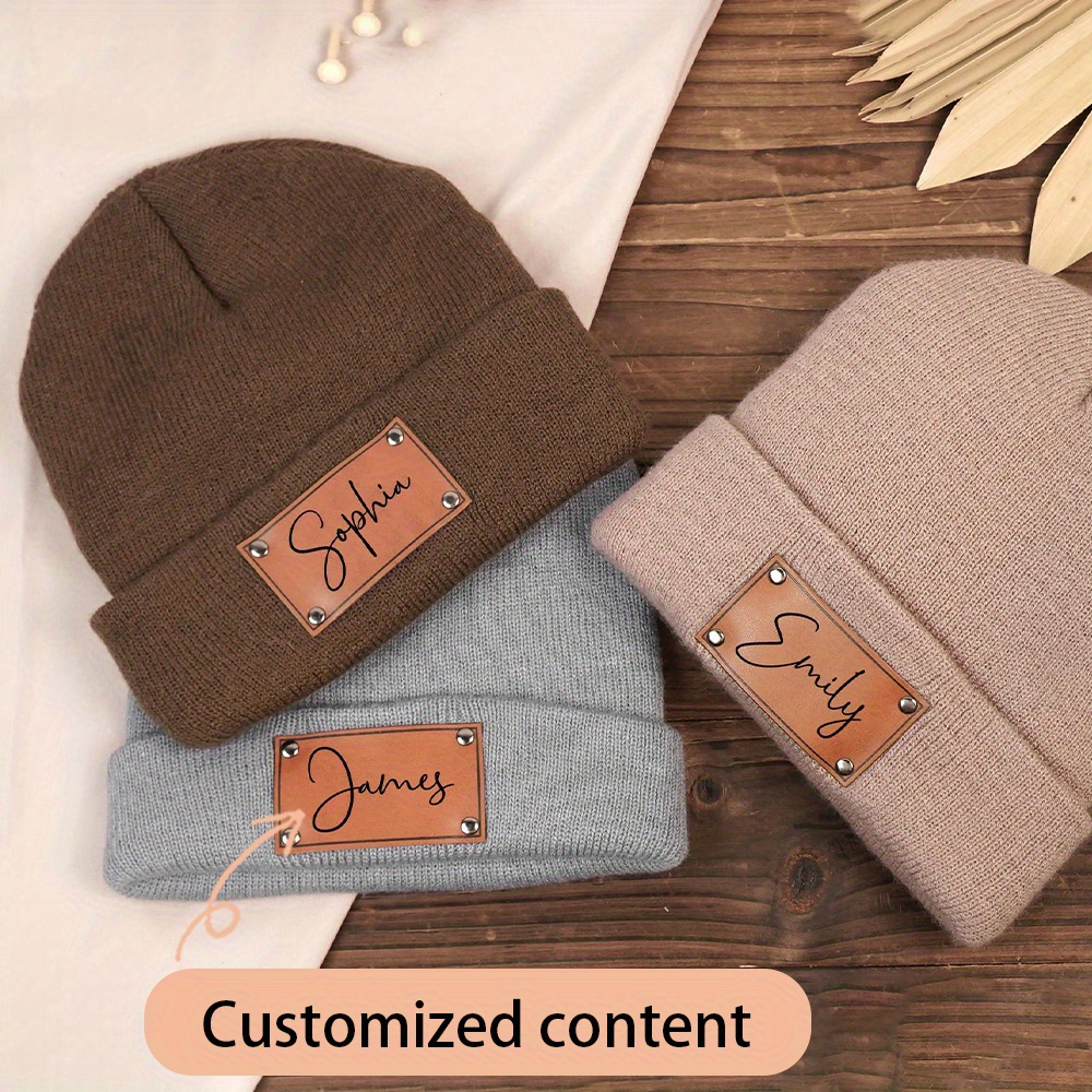 Beanie Cuffed Knit - Gebreide muts met een gepersonaliseerd leren